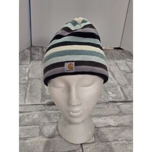Carhartt Beanie Hat Youth One Size Fits All Blue Striped Fleece Lined‎ Acrylic